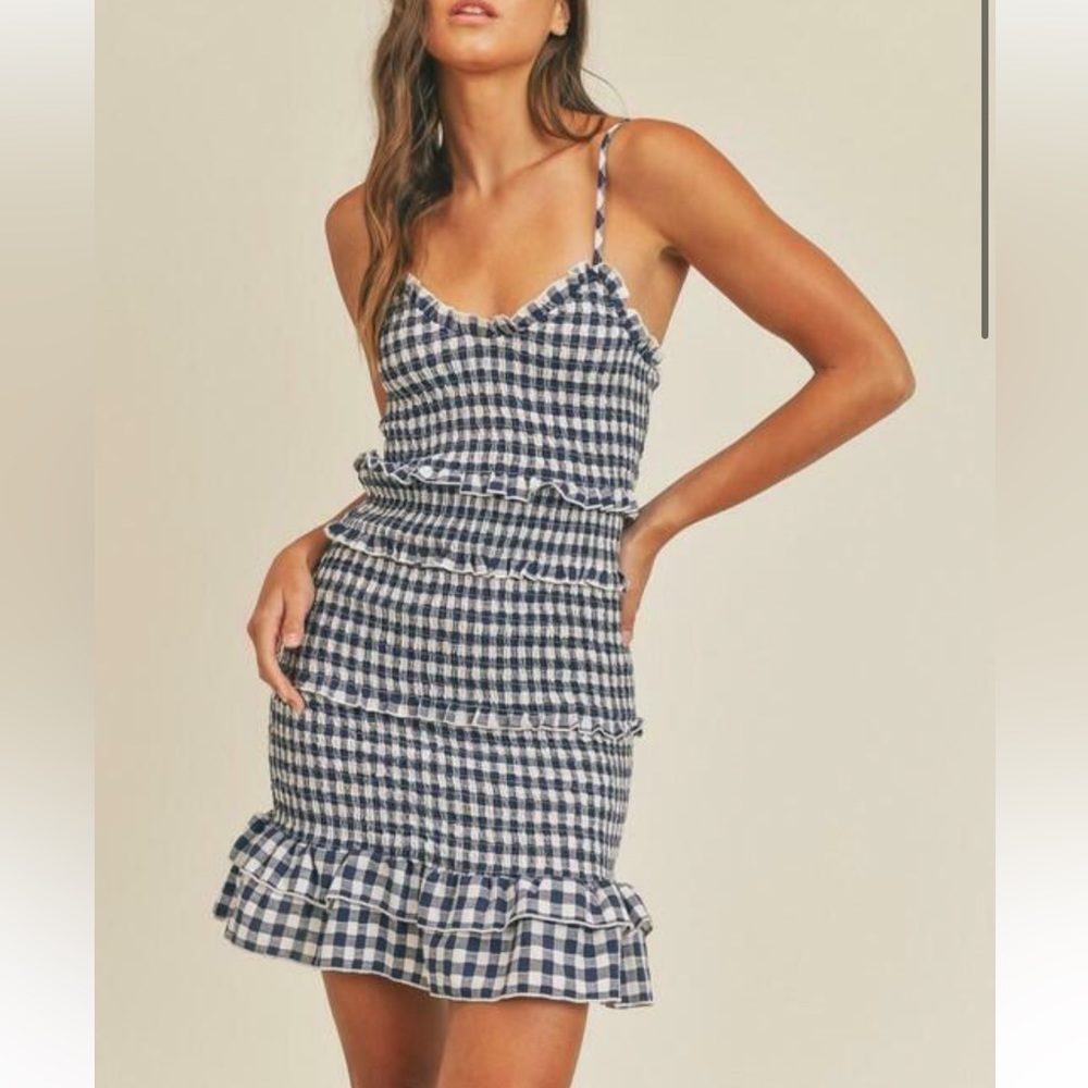 Lily Navy Blue Gingham Smocked Ruffle Mini Dress